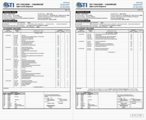 STI College Caloocan official transcript of records Word and PDF template, 2 pages