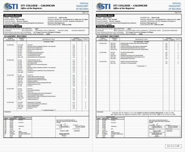 STI College Caloocan official transcript of records Word and PDF template, 2 pages