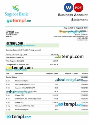 Sagicor Bank company checking account statement Word and PDF template
