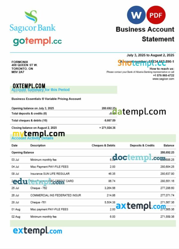 Sagicor Bank company checking account statement Word and PDF template