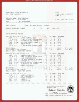 San Diego State University official transcript Word and PDF template