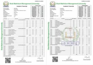 Shah Makhdum Management University academic transcript Word and PDF template, 2 pages