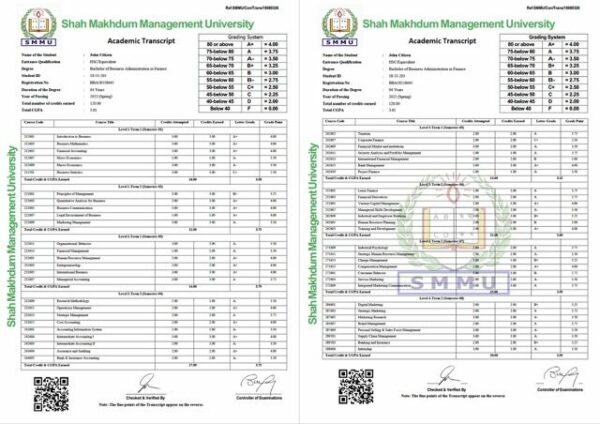 Shah Makhdum Management University academic transcript Word and PDF template, 2 pages