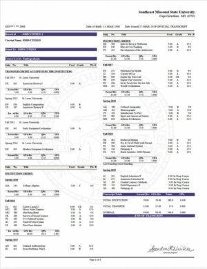 Southeast Missouri State University official trasnscript Word and PDF template