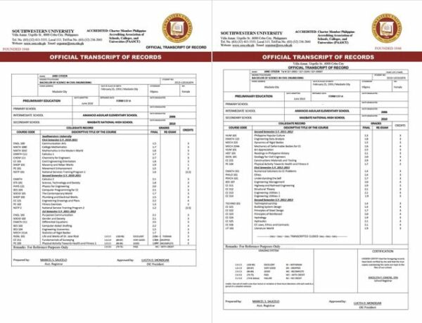 Southwestern University official transcript of record Word and PDF template, 2 pages