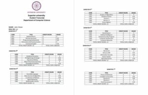 Superior University student transcript Word and PDF template, 2 pages