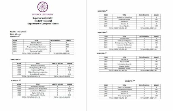 Superior University student transcript Word and PDF template, 2 pages