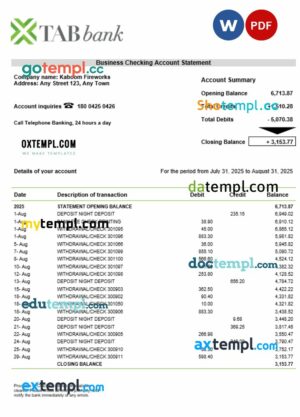 TAB organization checking account statement Word and PDF format