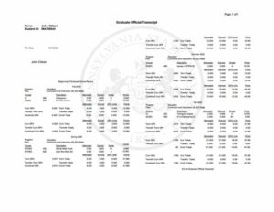 The Pennsylvania State University official transcript Word and PDF template, 2 pages