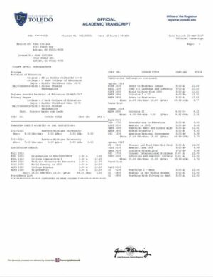 The University of Toledo official academic transcript Word and PDF template