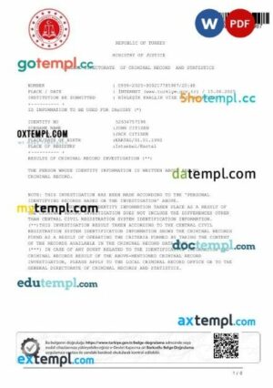 Turkey Ministry of Justice Criminal Record Certificate template in PSD format