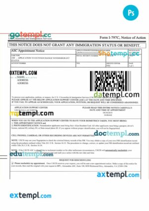 U.S. Citizenship and Immigration services form I-797C, Notice of action template in PSD format