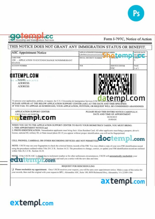 U.S. Citizenship and Immigration services form I-797C, Notice of action template in PSD format