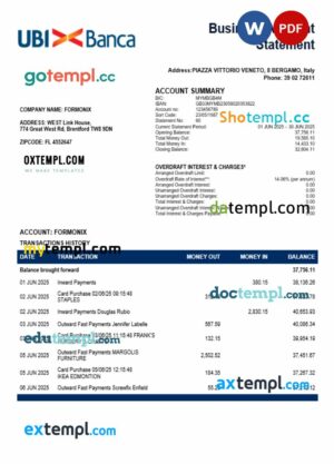 UBI BANCA bank company checking account statement Word and PDF format