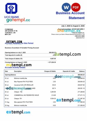 UCO Bank company checking account statement Word and PDF format