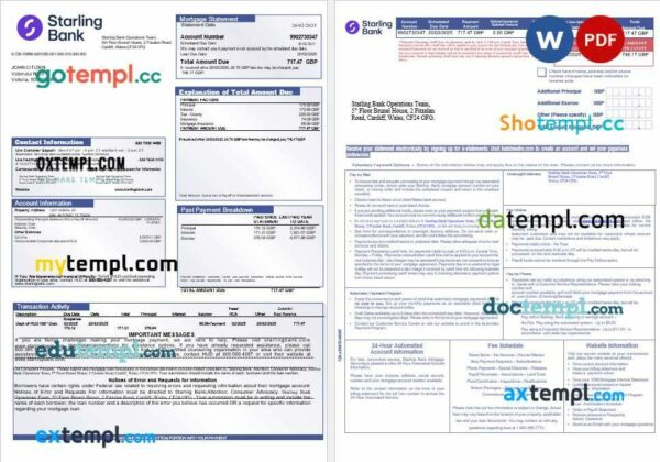 UK Starling Bank mortgage statement in Word and PDF formats, 3 pages