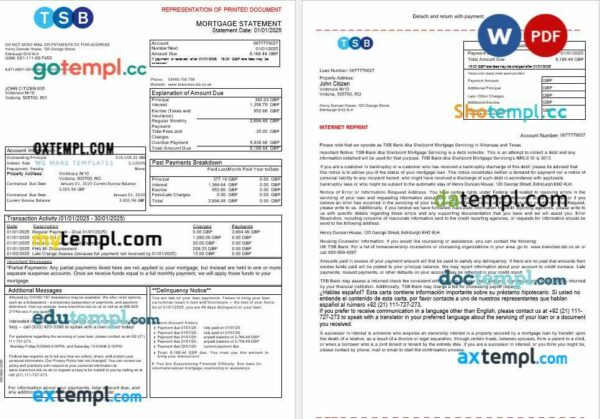 UK TSB Bank mortgage statement in Word and PDF formats, 3 pages