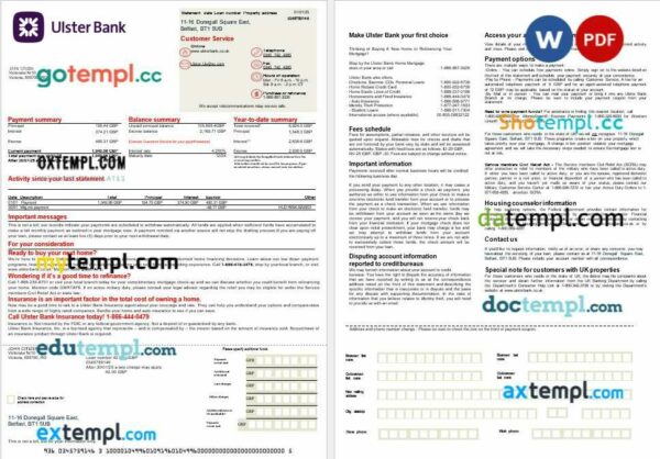 UK Ulster Bank mortgage statement in Word and PDF formats, 2 pages