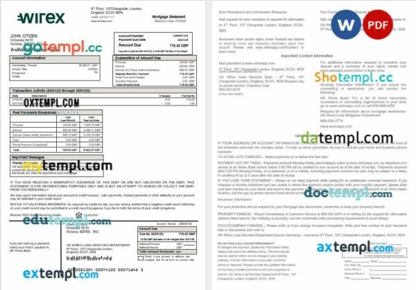 UK Wirex mortgage statement in Word and PDF formats