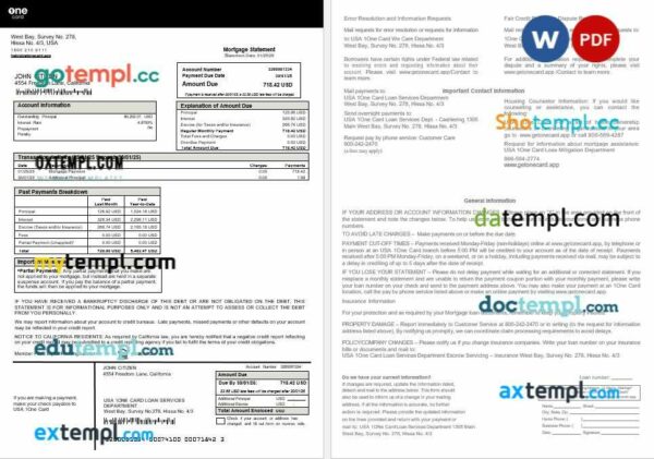 USA 1One Card mortgage statement in Word and PDF formats
