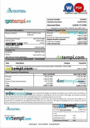 USA APCI Federal Credit Union mortgage statement in Word and PDF formats