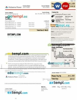 USA Alabama power utility bill template in Word and PDF formats