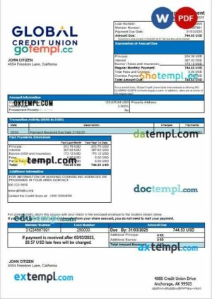 USA Alaska Global Credit Union bank mortgage statement in Word and PDF formats