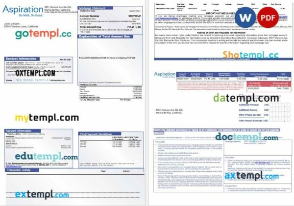 USA Aspiration bank mortgage statement in Word and PDF formats, 3 pages