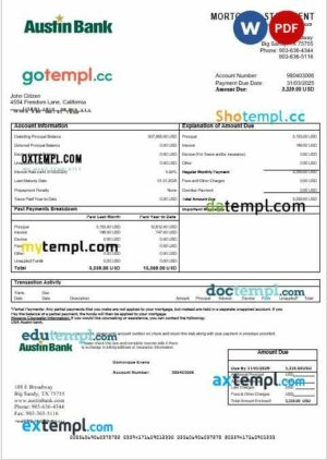 USA Austin bank mortgage statement in Word and PDF formats