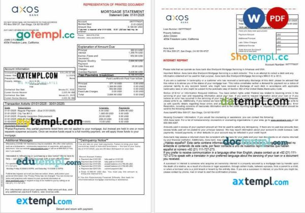 USA Axos Bank mortgage statement in Word and PDF formats, 3 pages