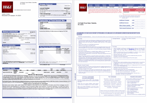 USA BB&T Corp. bank mortgage statement in Word and PDF formats, 3 pages