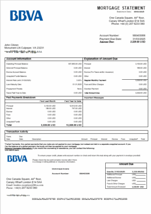 USA BBVA bank mortgage statement in Word and PDF formats