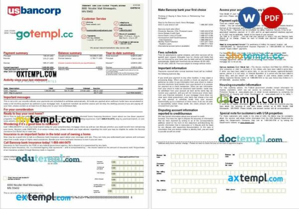 USA Bancorp bank mortgage statement in Word and PDF formats, 2 pages