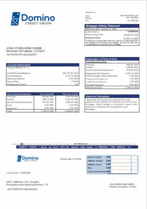 USA Bank of Domino bank mortgage statement in Word and PDF formats