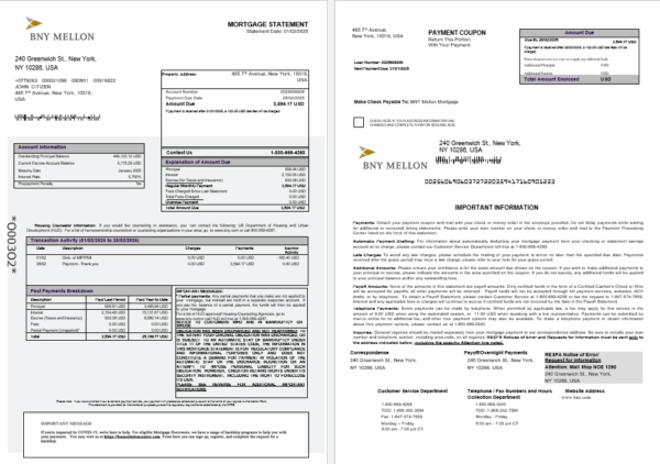 USA Bank of New York Mellon bank mortgage statement in Word and PDF formats
