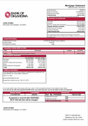USA Bank of Oklahoma mortgage statement in Word and PDF formats