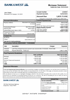 USA Bank of the West bank mortgage statement in Word and PDF formats