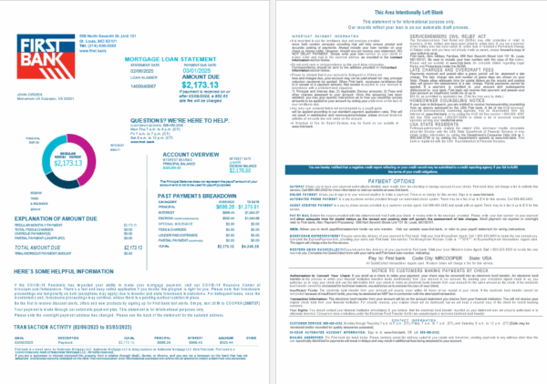 USA First bank mortgage loan statement in Word and PDF formats, 4 pages