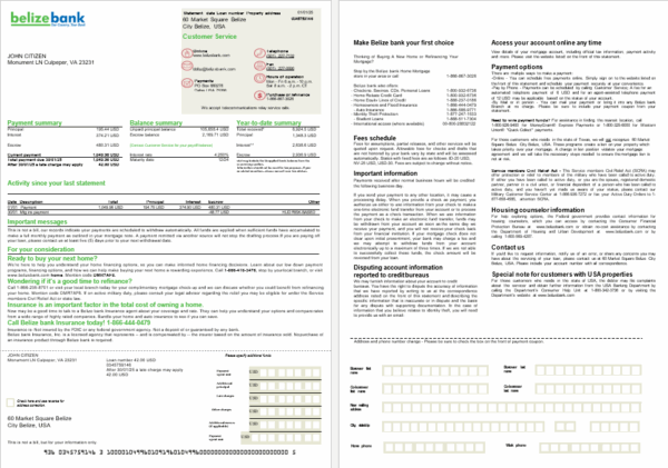 USA Belize Bank mortgage statement in Word and PDF formats, 2 pages
