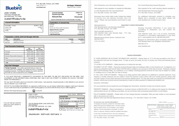USA Bluebird bank mortgage statement in Word and PDF formats