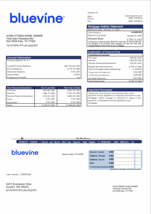 USA Bluevine bank mortgage statement in Word and PDF formats