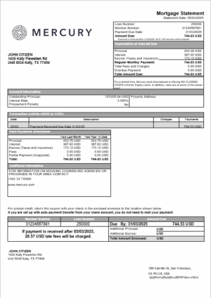 USA CA San Francisco Mercury bank mortgage statement in Word and PDF formats