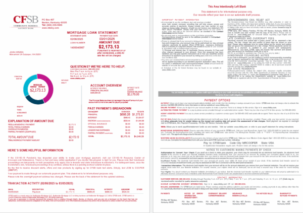 USA CFSB bank mortgage loan statement in Word and PDF formats, 4 pages