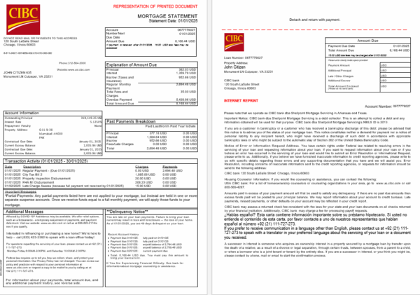 USA CIBC bank mortgage statement in Word and PDF formats, 3 pages