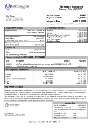USA California Bank Trust bank mortgage statement in Word and PDF formats