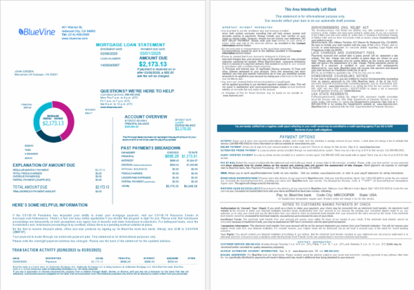 USA California BlueVine bank mortgage loan statement in Word and PDF formats, 4 pages