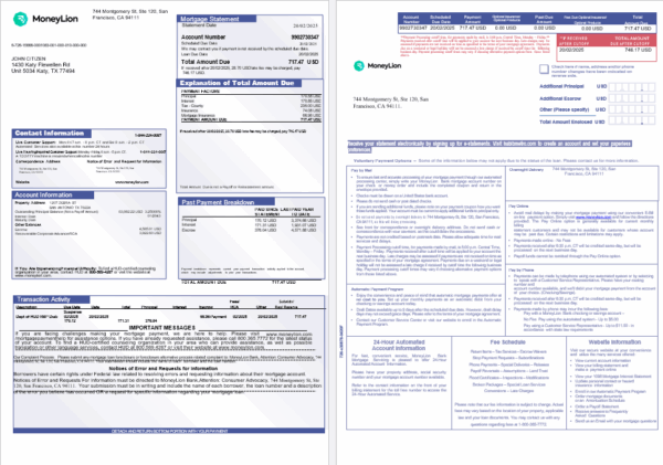 USA California MoneyLion bank mortgage statement in Word and PDF formats, 3 pages