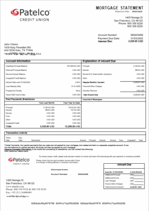 USA California Patelco bank mortgage statement in Word and PDF formats