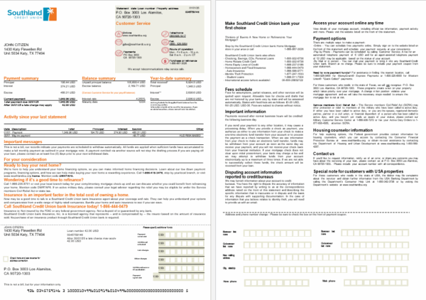 USA California Southland Credit Union mortgage statement in Word and PDF formats, 2 pages