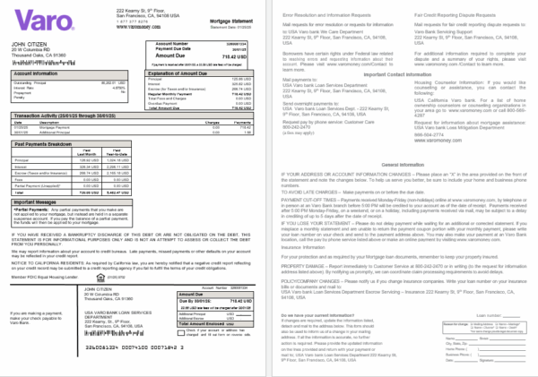 USA California Varo bank mortgage statement in Word and PDF formats